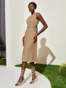 SHEINNeu Vestido de espalda abierta con cordón fruncido cintura - Albaricoque - Ver 7