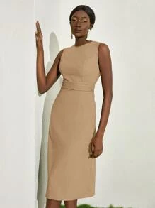 SHEINNeu Vestido de espalda abierta con cordón fruncido cintura - Albaricoque - Ver 8