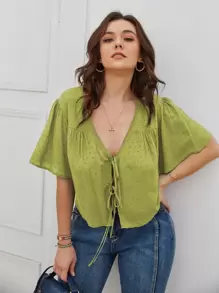 SHEIN LUNE Blusa de lunares con cordón delantero - Verde Lima - Ver 4