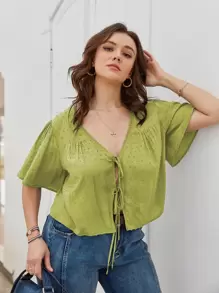 SHEIN LUNE Blusa de lunares con cordón delantero - Verde Lima - Ver 5
