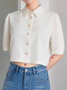 DAZY Puff Sleeve Button Front Crop Shirt - Beige - View 1