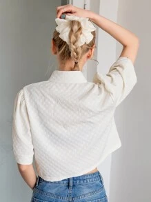 DAZY Puff Sleeve Button Front Crop Shirt - Beige - View 2