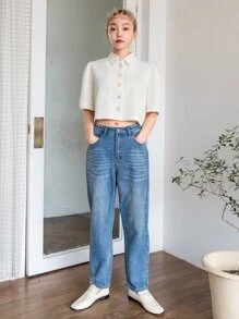 DAZY Puff Sleeve Button Front Crop Shirt - Beige - View 5