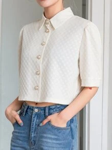 DAZY Puff Sleeve Button Front Crop Shirt - Beige - View 6