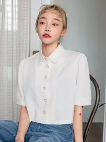 DAZY Puff Sleeve Button Front Crop Shirt - Beige - View 7