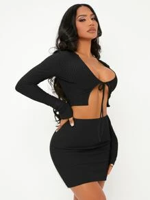 SHEIN SXY Bộ đồ hai mảnh nữ Thắt nơ trước màu trơn Gợi cảm - màu đen - Xem 4