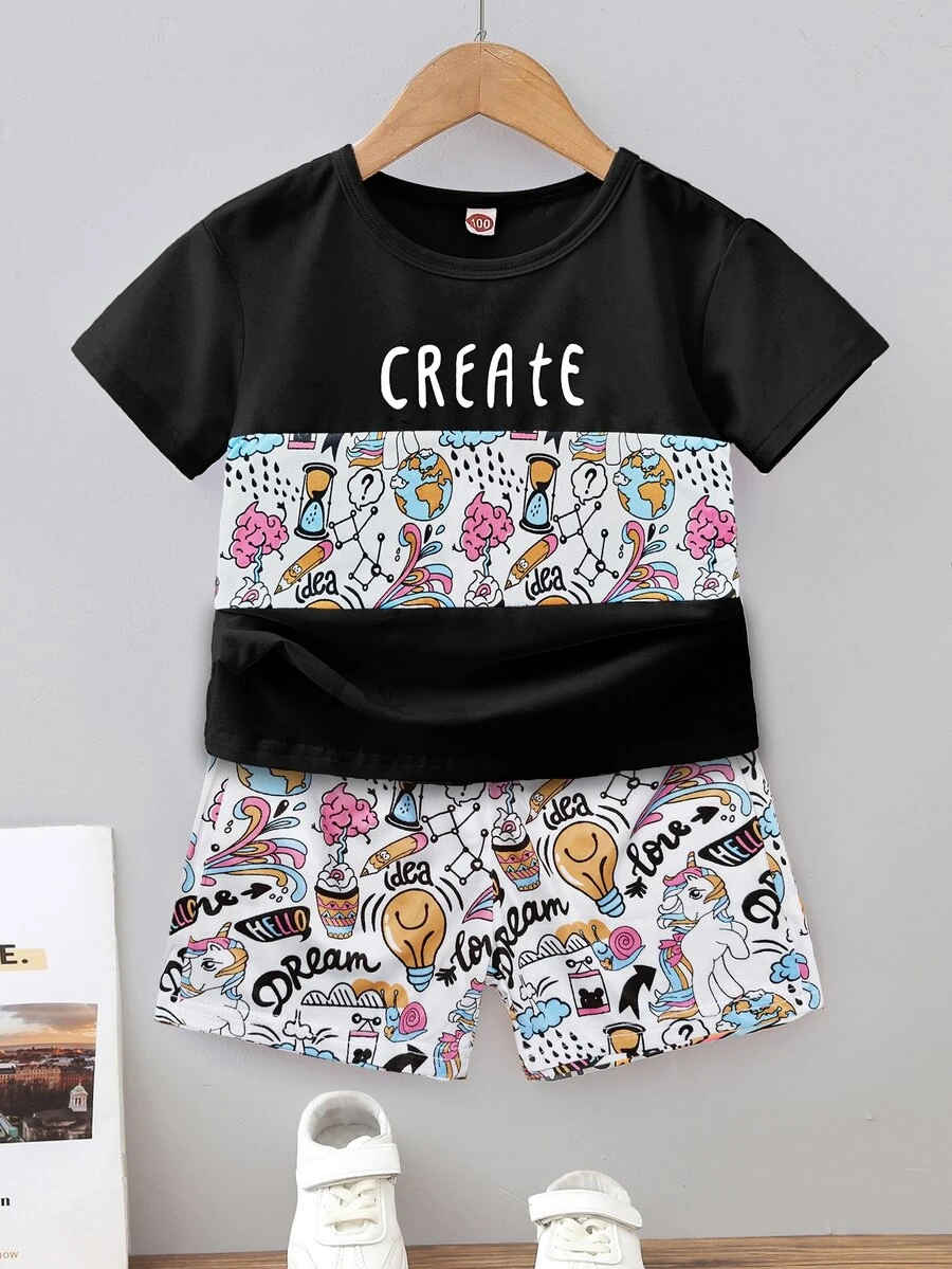 Toddler Boys Letter & Graffiti Print Tee & Shorts - Multicolor - View 1