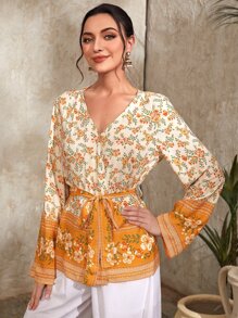 Divindia Floral Print Belted Tunic - Multicolor - View 1