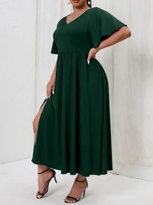 Vestido de manga mariposa de muslo con abertura - Verde Oscuro - Ver 1