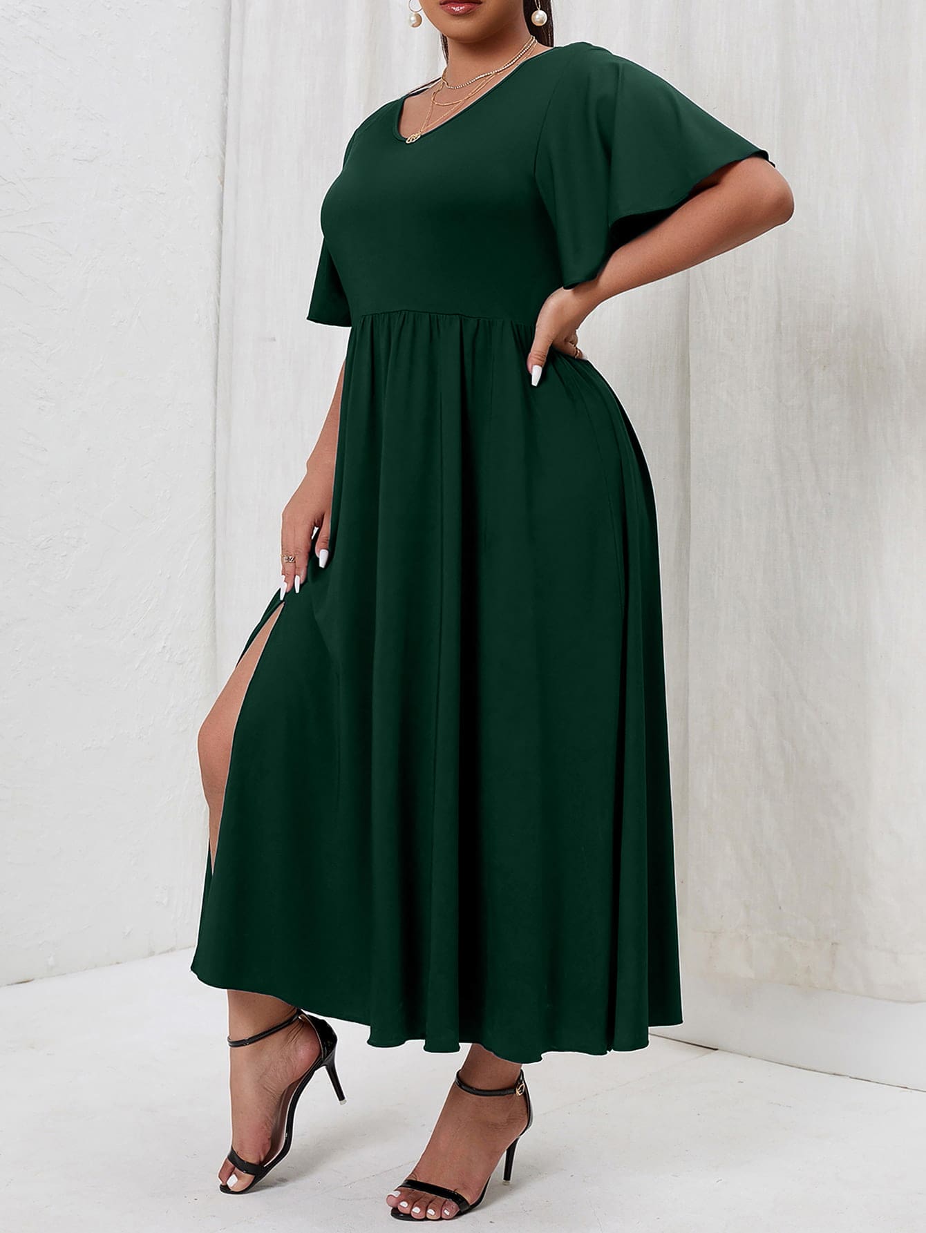 Vestido de manga mariposa de muslo con abertura - Verde Oscuro - Ver 1