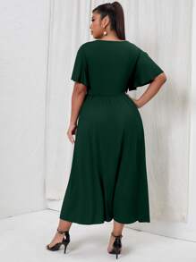 Vestido de manga mariposa de muslo con abertura - Verde Oscuro - Ver 2
