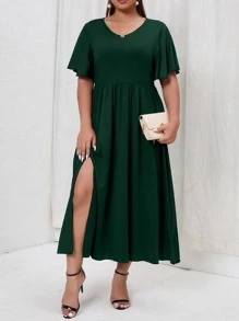 Vestido de manga mariposa de muslo con abertura - Verde Oscuro - Ver 3