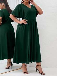 Vestido de manga mariposa de muslo con abertura - Verde Oscuro - Ver 4