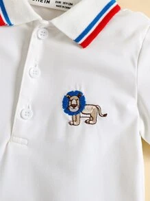 男嬰獅子刺繡條紋飾邊Polo領連身短褲 - 白色 - 查看 4