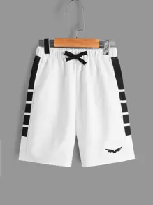 SHEIN Tween Boy Eagle Print Contrast Side Seam Drawstring Waist Shorts - White - View 1
