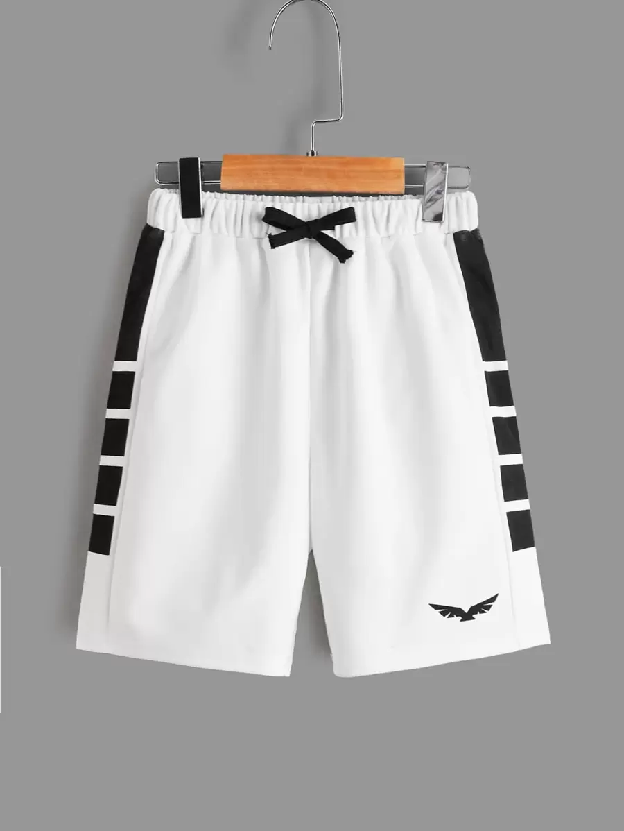 SHEIN Tween Boy Eagle Print Contrast Side Seam Drawstring Waist Shorts - White - View 1