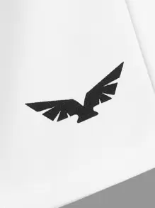 SHEIN Tween Boy Eagle Print Contrast Side Seam Drawstring Waist Shorts - White - View 3