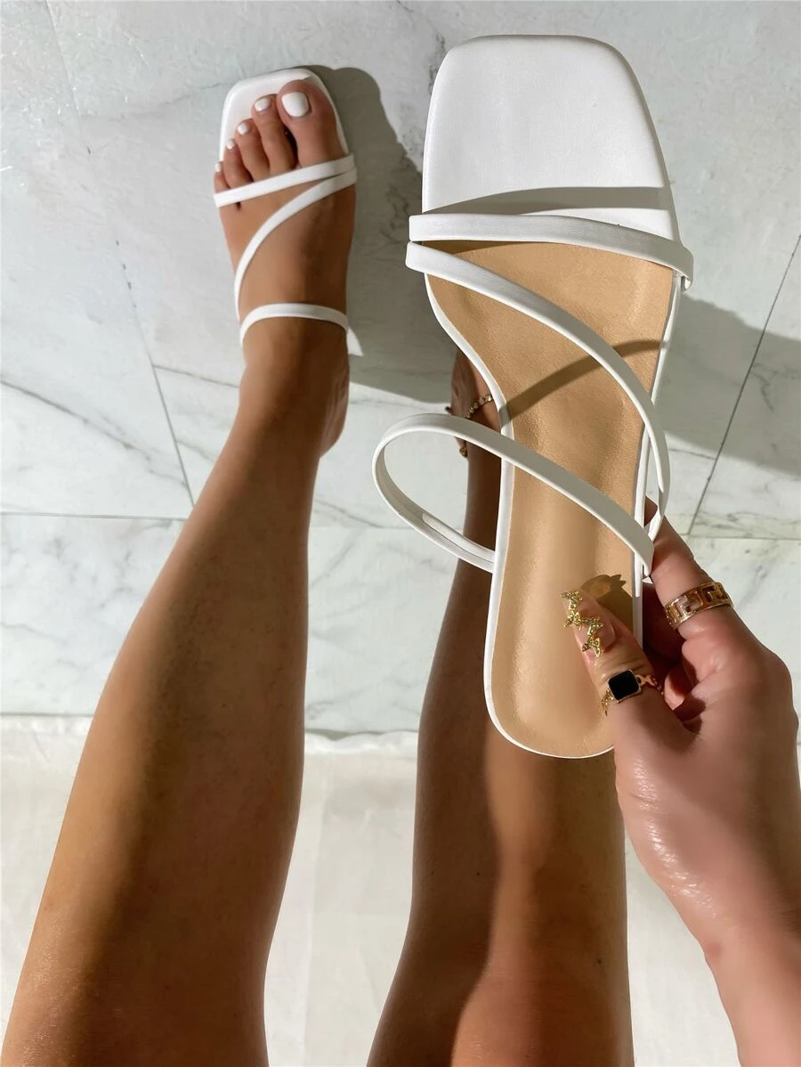 Sandalias minimalistas de tacón grueso para mujer, Sandalias elegantes de tacón de verano - Blanco - Ver 1