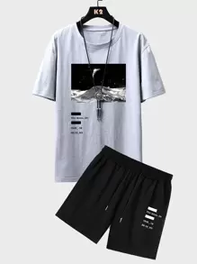 Manfinity Homme Men Letter & Picture Print Drop Shoulder Tee & Drawstring Waist Shorts - Multicolor - View 1