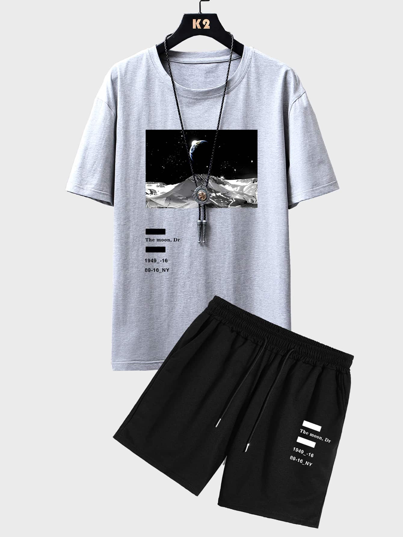 Manfinity Homme Men Letter & Picture Print Drop Shoulder Tee & Drawstring Waist Shorts - Multicolor - View 1
