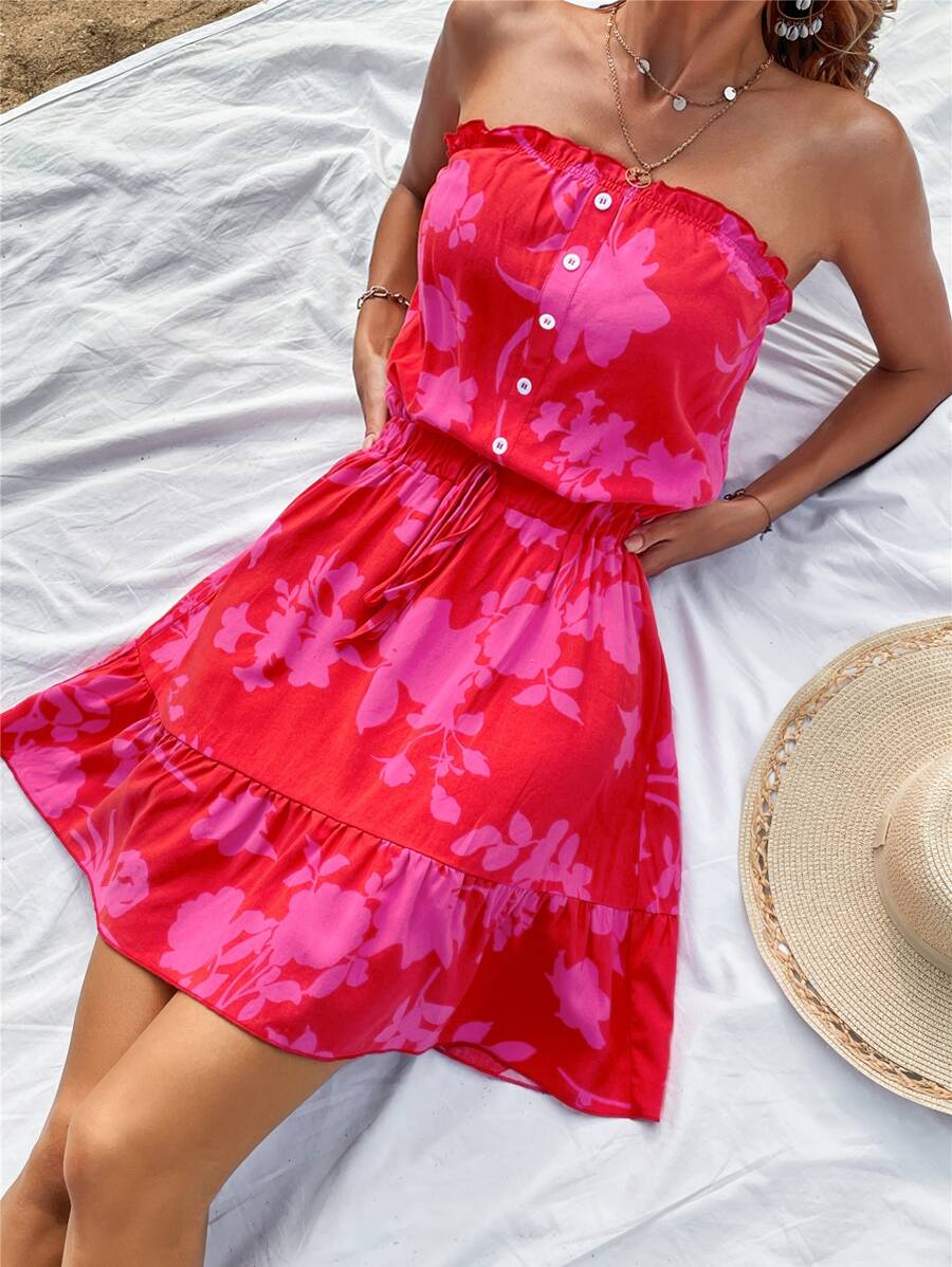 Breezaya Floral Print Ruffle Hem Tube Dress - Multicolor - View 1