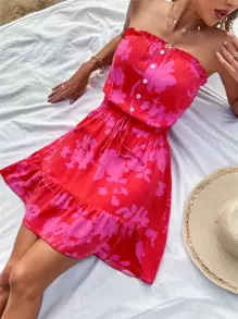 Breezaya Floral Print Ruffle Hem Tube Dress - Multicolor - View 5