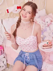 ROMWE Kawaii Floral Print Cami Top - White - View 1