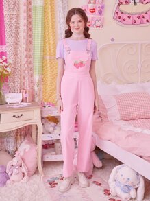 ROMWE Kawaii Strawberry Print Overall Jumpsuit - Pink - View 1