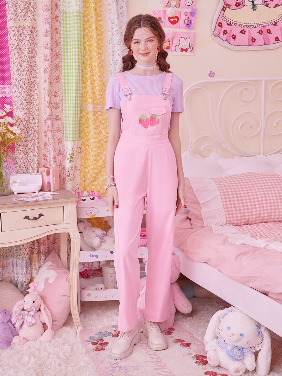 ROMWE Kawaii Strawberry Print Overall Jumpsuit - Pink - View 1