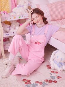 ROMWE Kawaii Strawberry Print Overall Jumpsuit - Pink - View 5
