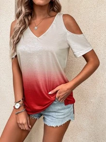 Ombre Cold Shoulder Slit Hem Tee - Multicolor - View 5
