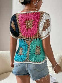 SHEIN Boat Neck Colorblock Sheer Cover Up - Multicolor - View 2
