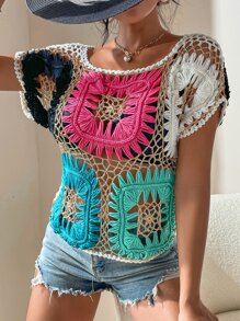 SHEIN Boat Neck Colorblock Sheer Cover Up - Multicolor - View 1