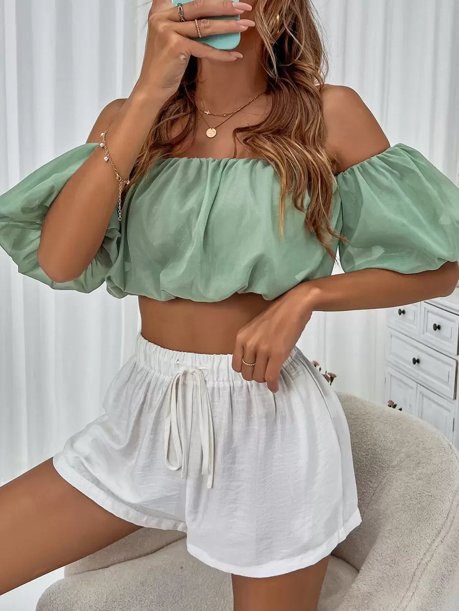 Soleia Off Shoulder Puff Sleeve Crop Top - Mint Green - View 1