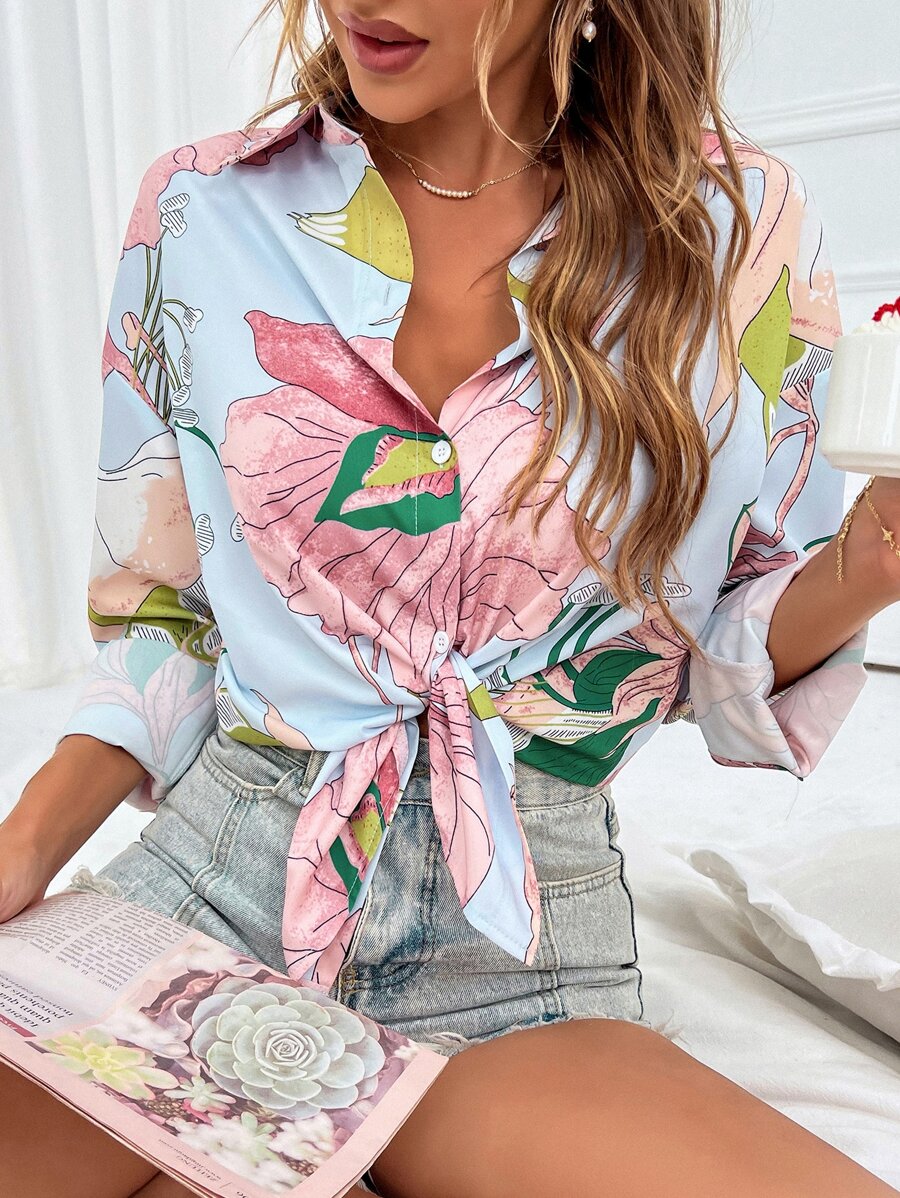 SHEIN VCAY Camisa con estampado floral de hombros caídos - Celeste - Ver 1