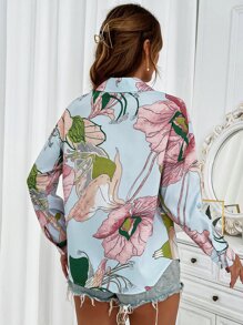 SHEIN VCAY Camisa con estampado floral de hombros caídos - Celeste - Ver 2