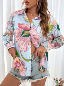 SHEIN VCAY Camisa con estampado floral de hombros caídos - Celeste - Ver 4