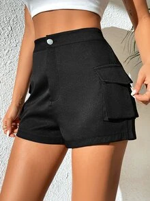SHEIN High Waist Flap Pocket Side Shorts - Black - View 5