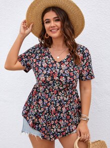 SHEIN LUNE 大碼滿版印花紐扣細節荷葉邊T恤 - 彩色 - 查看 3
