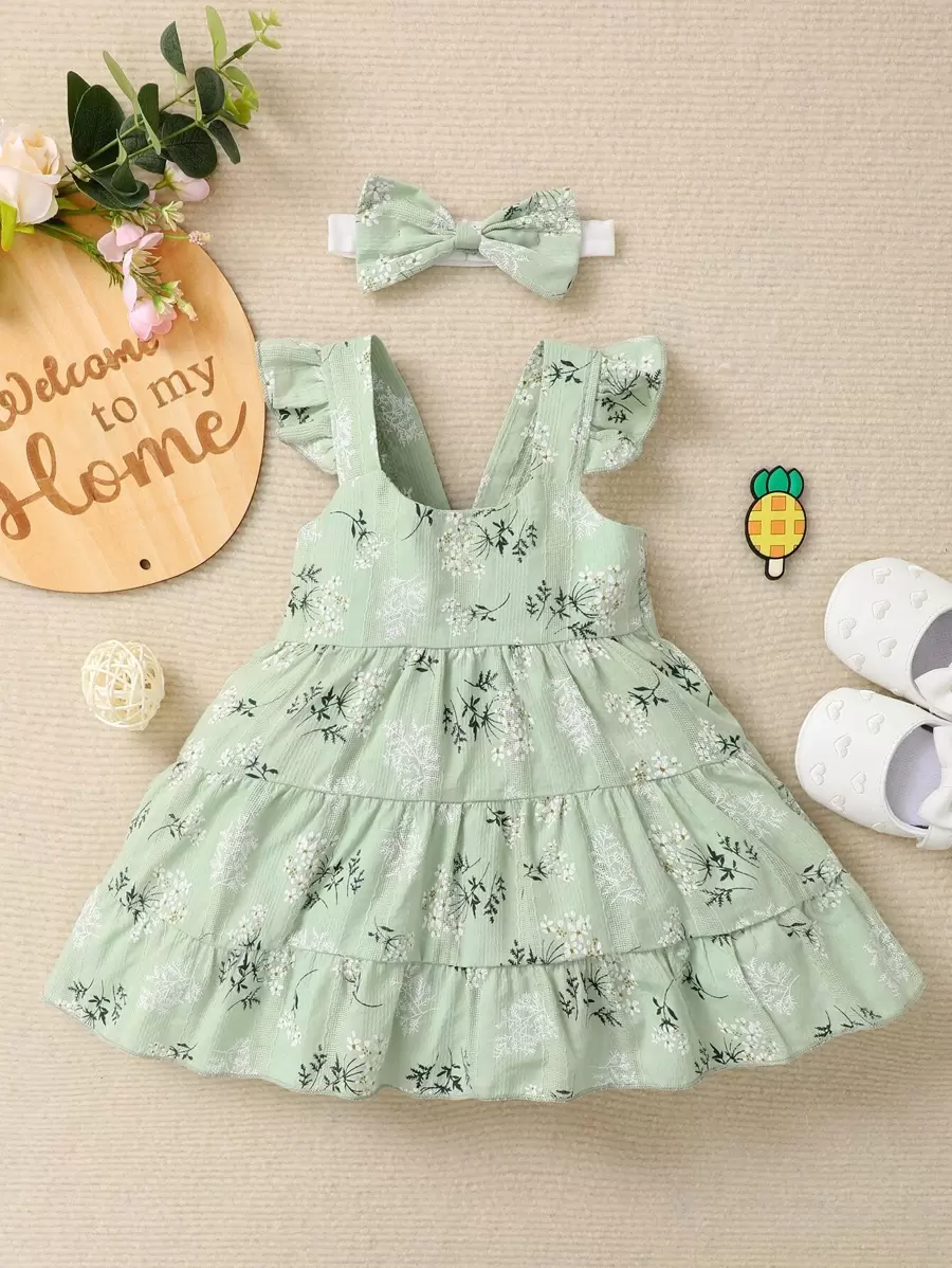 SHEIN Baby Girl Floral Ruffle Hem Cami Dress With Headband - Mint Green - View 1