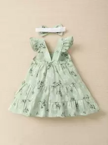SHEIN Baby Girl Floral Ruffle Hem Cami Dress With Headband - Mint Green - View 2