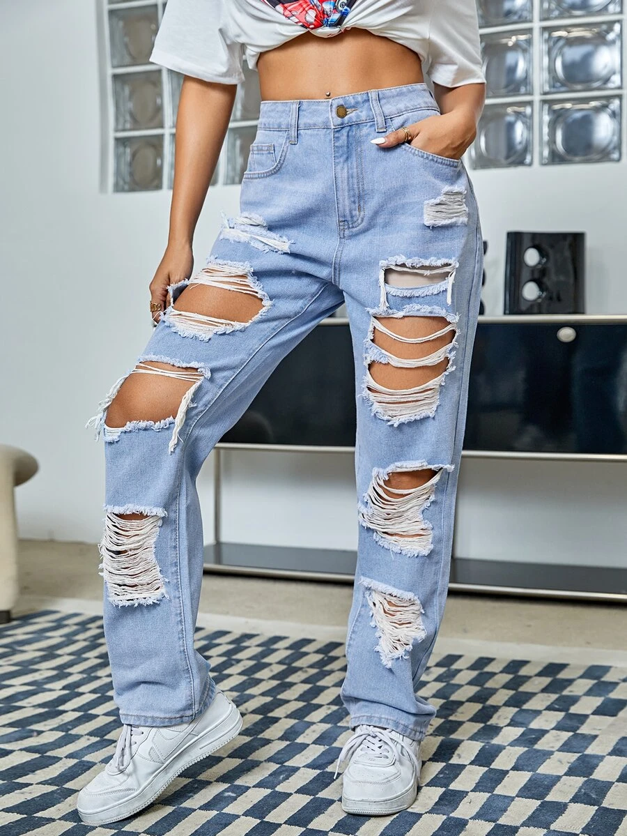 SHEIN High Waisted Ripped Jeans - Light Wash - View 1