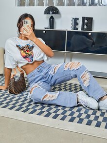 SHEIN High Waisted Ripped Jeans - Light Wash - View 3