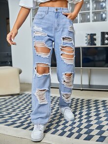 SHEIN High Waisted Ripped Jeans - Light Wash - View 4