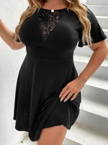 SHEIN LUNE Plus Contrast Lace A-line Dress - Black - View 1