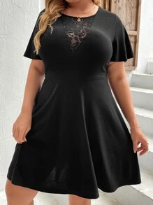 SHEIN LUNE Plus Contrast Lace A-line Dress - Black - View 3