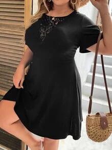 SHEIN LUNE Plus Contrast Lace A-line Dress - Black - View 4