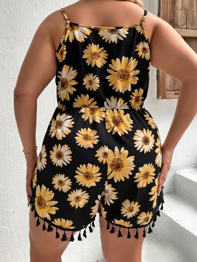 Plus Floral Print Fringe Cami Summer Boho Jumpsuit