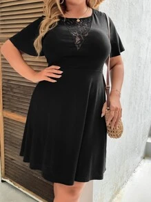 SHEIN LUNE Plus Contrast Lace A-line Dress - Black - View 5