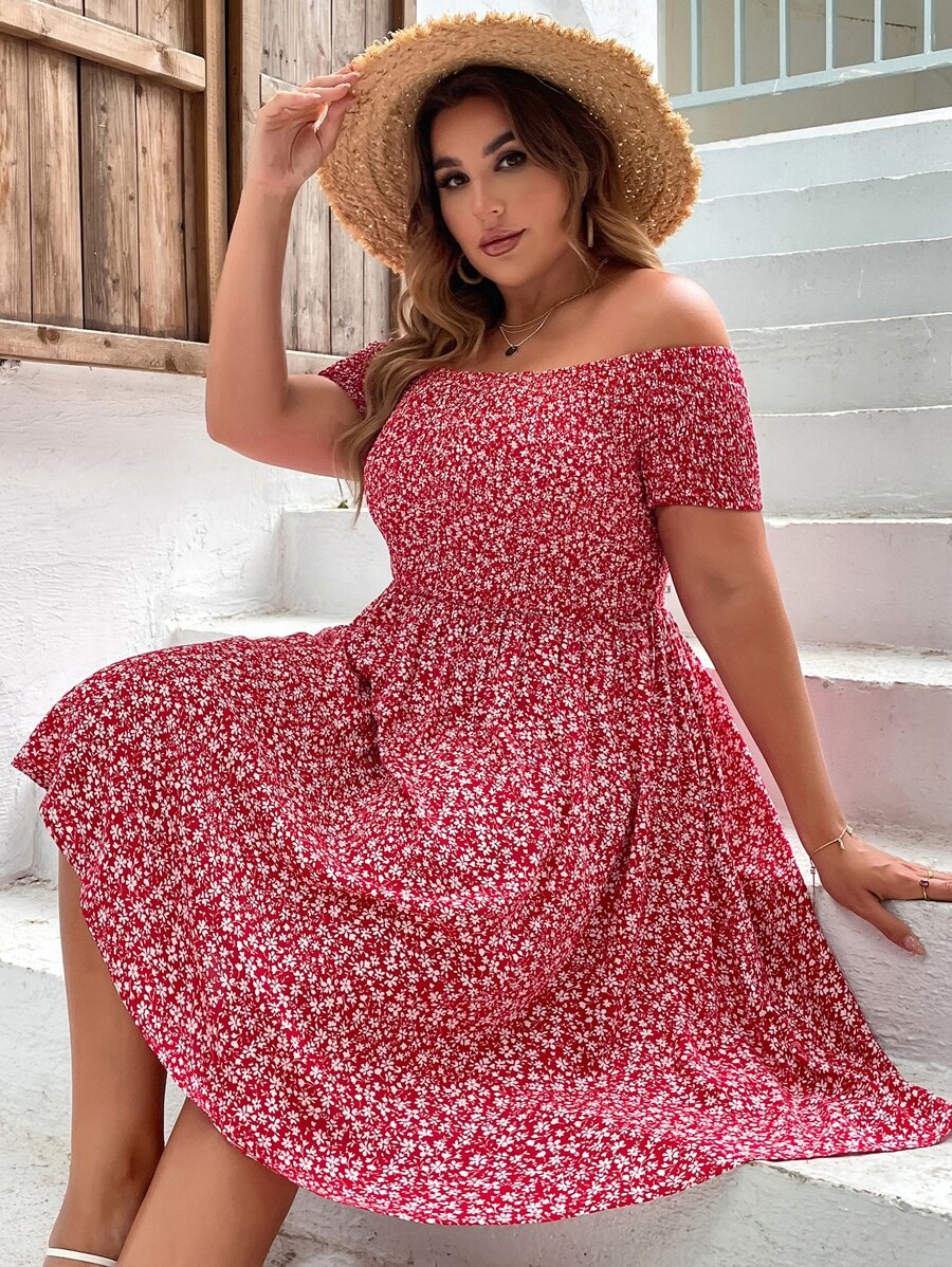 Plus Ditsy Floral Shirred Dress - Red and White - View 1